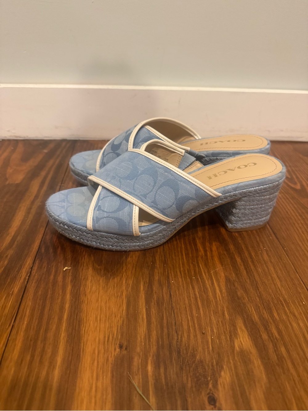 Coach Light Blue Signature Crisscross Block Heel Mules